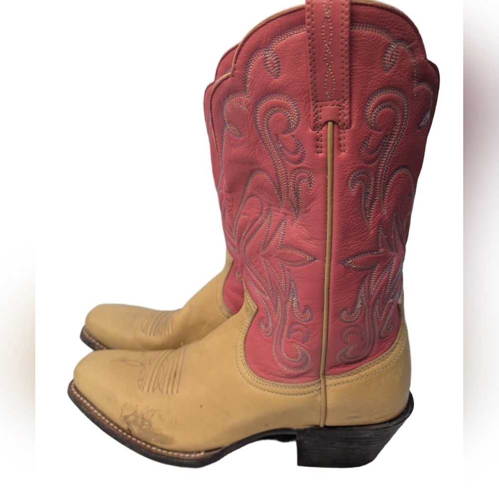 Ariat Women Tan Pink Leather Square Toe Western Boots Style 15881 Size 9 B - Picture 11 of 11